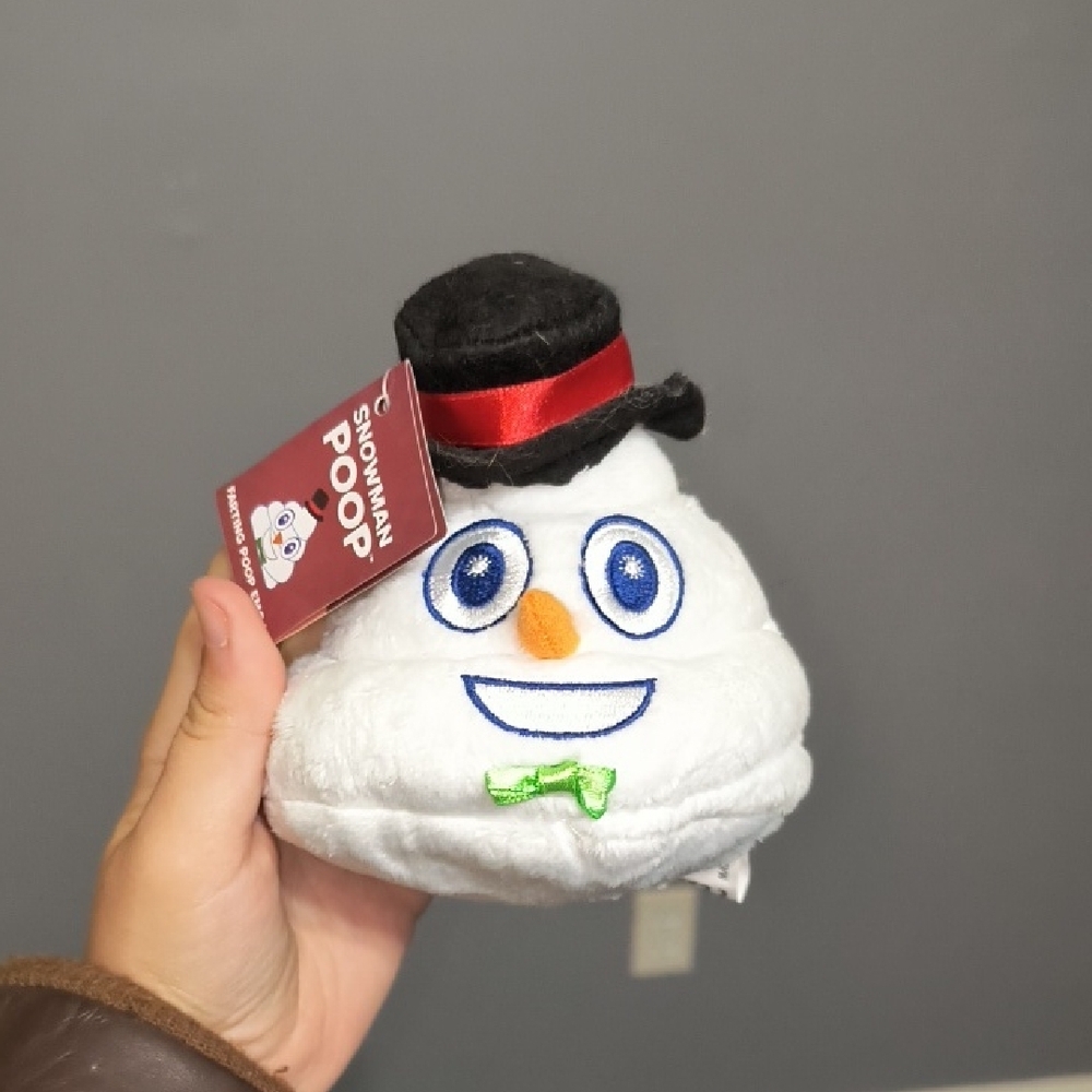 Snowman Poop Plush Toy - White with Black Hat and Green Bow